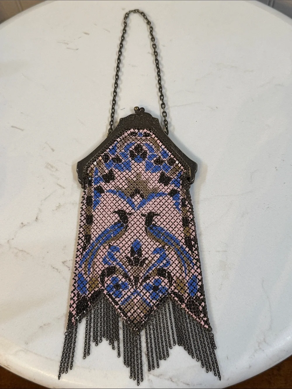 Antique Mandalian Mesh Enamel Flapper Purse Birds w/ Fringe